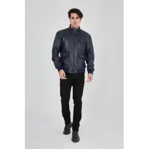 Erkek Fermuarlı İçten Elyaf ve Astarlı Suni Deri Ceket - Lacivert
