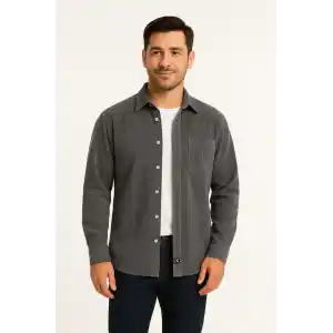 Erkek Fitilli Kadife Cepli Gömlek Oversize Rahat Kalıp - Füme