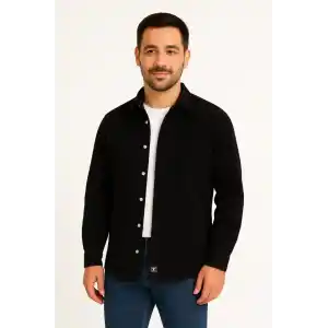 Erkek Fitilli Kadife Cepli Gömlek Oversize Rahat Kalıp - Siyah