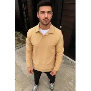 Erkek Fitilli Polar Sweatshirt – Düğmesiz Polo Yaka, Oversize Rahat Kalıp, Kalın Polar Kumaş, Kışlık ve Baharlık Şık Günlük Üst - Bej