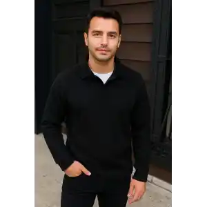Erkek Fitilli Polar Sweatshirt – Düğmesiz Polo Yaka, Oversize Rahat Kalıp, Kalın Polar Kumaş, Kışlık ve Baharlık Şık Günlük Üst - Siyah