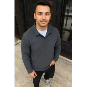 Erkek Fitilli Polar Sweatshirt – Düğmesiz Polo Yaka, Oversize Rahat Kalıp, Kalın Polar Kumaş, Kışlık ve Baharlık Şık Günlük Üst - Füme