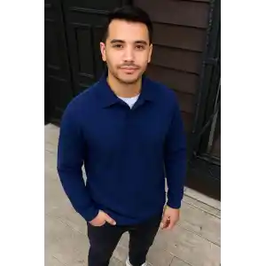 Erkek Fitilli Polar Sweatshirt – Düğmesiz Polo Yaka, Oversize Rahat Kalıp, Kalın Polar Kumaş, Kışlık ve Baharlık Şık Günlük Üst - Lacivert