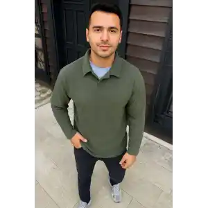 Erkek Fitilli Polar Sweatshirt – Düğmesiz Polo Yaka, Oversize Rahat Kalıp, Kalın Polar Kumaş, Kışlık ve Baharlık Şık Günlük Üst - Haki