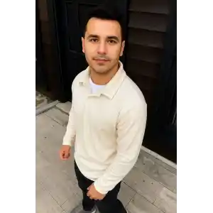 Erkek Fitilli Polar Sweatshirt – Düğmesiz Polo Yaka, Oversize Rahat Kalıp, Kalın Polar Kumaş, Kışlık ve Baharlık Şık Günlük Üst - Beyaz