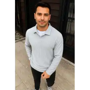 Erkek Fitilli Polar Sweatshirt – Düğmesiz Polo Yaka, Oversize Rahat Kalıp, Kalın Polar Kumaş, Kışlık ve Baharlık Şık Günlük Üst - Gri