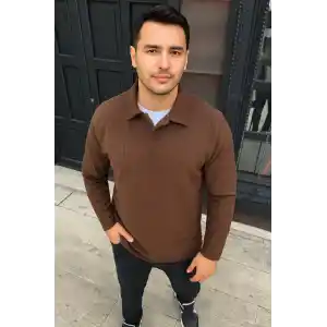 Erkek Fitilli Polar Sweatshirt – Düğmesiz Polo Yaka, Oversize Rahat Kalıp, Kalın Polar Kumaş, Kışlık ve Baharlık Şık Günlük Üst - Kahverengi