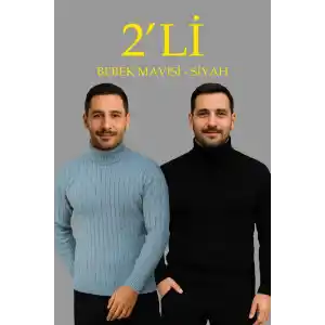 Erkek Fitilli Triko Kazak 2li Set Bebek Mavisi Siyah Regular Balıkcı Yaka Tam Boğazlı Triko Seti Modeli Kazak