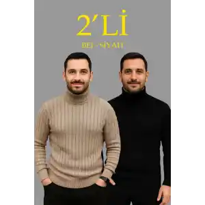Erkek Fitilli Triko Kazak 2li Set Bej Siyah Regular Balıkcı Yaka Tam Boğazlı Triko Seti Modeli Kazak
