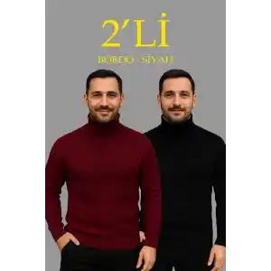 Erkek Fitilli Triko Kazak 2li Set Bordo Siyah Regular Balıkcı Yaka Tam Boğazlı Triko Seti Modeli Kazak