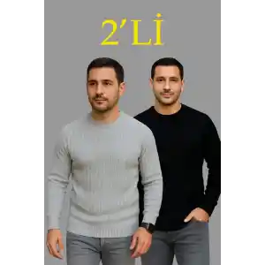 Erkek Fitilli Triko Kazak 2’li Set – Siyah & Gri, Kalın Dokuma Pamuklu Regular Fit Bisiklet Yaka Uzun Kollu Rahat Kışlık Kazak Kombini