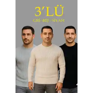 Erkek Fitilli Triko Kazak 3lü Set Bej Gri Siyah Regular Fit Bisiklet Yaka Triko Seti Kazak Modeli