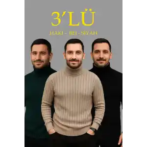 Erkek Fitilli Triko Kazak 3lÜ Set Bej Haki Siyah Regular Balıkcı Yaka Tam Boğazlı Triko Seti Modeli Kazak