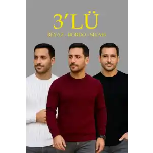 Erkek Fitilli Triko Kazak 3lü Set Beyaz Bordo Siyah Regular Fit Bisiklet Yaka Triko Seti