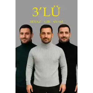 Erkek Fitilli Triko Kazak 3lÜ Set Gri Haki Siyah Regular Balıkcı Yaka Tam Boğazlı Triko Seti Modeli Kazak
