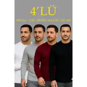 Erkek Fitilli Triko Kazak 4’lü Set Beyaz Bordo Gri Siyah Regular Fit Bisiklet Yaka Kazak Triko Kombini