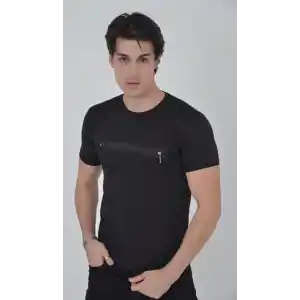 Erkek Göğüste Fermuar Aksesuarlı Dar Kalıp T-Shirt - Siyah