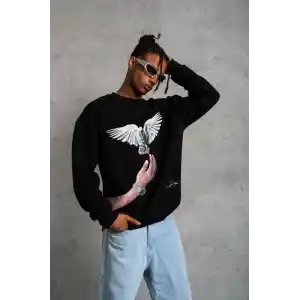 Erkek Güvercin Baskılı Sweatshirt - Siyah