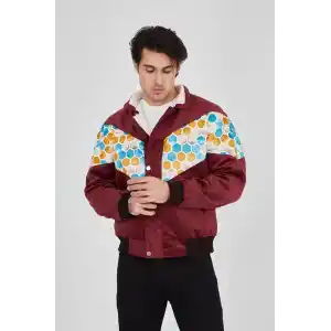 Erkek İçi Astarlı İçten Yaka Kısmı Peluşlu Beyaz Şeritli Vintage Ceket - Mürdüm