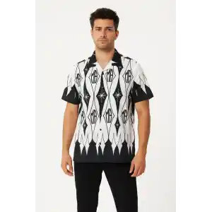 Erkek İki İplik Kumaş Dijital Baskılı Gömlek - Siyah