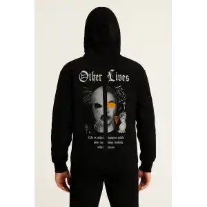 Erkek Kapşonlu Sweatshirt – Oversize Üç İplik Şardonlu Hoodie, “Other Lives” Ön & Arka Baskılı, Kanguru Cepli, Kışlık Rahat Günlük Stil - Siyah