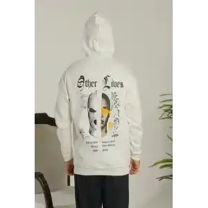 Erkek Kapşonlu Sweatshirt – Oversize Üç İplik Şardonlu Hoodie, “Other Lives” Ön & Arka Baskılı, Kanguru Cepli, Kışlık Rahat Günlük Stil - Beyaz