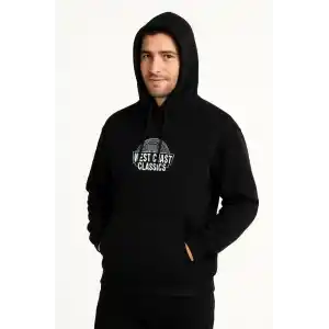 Erkek Kapşonlu Sweatshirt – Oversize Üç İplik Şardonlu Hoodie, “West Coast Classics” Ön & Arka Baskılı, Kanguru Cepli Kışlık Günlük Stil - Siyah