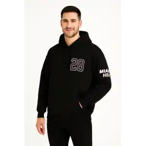Erkek Kapşonlu Sweatshirt – Üç İplik Şardonlu Kumaş, Oversize Fit, Ön & Arka Baskılı, Kanguru Cepli, Kışlık Rahat Hoodie - Siyah