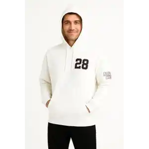 Erkek Kapşonlu Sweatshirt – Üç İplik Şardonlu Kumaş, Oversize Fit, Ön & Arka Baskılı, Kanguru Cepli, Kışlık Rahat Hoodie - Beyaz