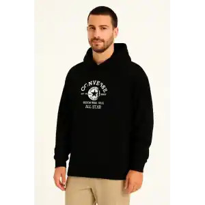 Erkek Kapşonlu Sweatshirt – Üç İplik Şardonlu Kumaş, Oversize Fit, Ön & Arka Baskılı, Kanguru Cepli, Kışlık Rahat Hoodie- Siyah