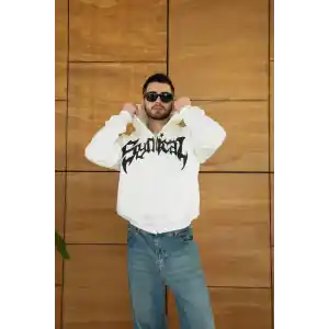 Erkek Kapüşonlu 3 İplik Şardonlu Önü Baskılı Fermuarlı Oversize Sweatshirt - Beyaz