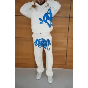 Erkek Kapüşonlu Eşofman Takım Graffiti Baskılı  Oversize Rahat Kalıp, Kanguru Cepli, Streetwear Tarzında Premium Ürün 3 iplik Pamuklu - Beyaz