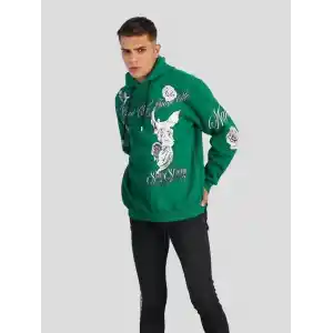 Erkek Kapüşonlu Strong Heykel Baskılı Sweatshirt - Yeşil