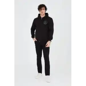 Erkek Kapüşonlu Z Baskılı Fermuarlı Hırka - Siyah