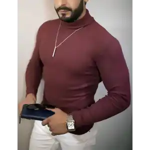 Erkek Kaşkorse Boğazlı Full Likralı Fitilli Body Kazak - Bordo