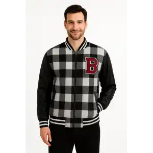 Erkek Kolej Ceket – Kareli Oduncu Kumaş, Kolları Suni Deri, Fermuarlı, İçi Kapitone Astarlı, Nakışlı Oversize Bahar & Kış Stil - Gri