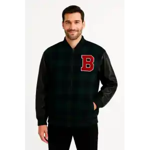 Erkek Kolej Ceket – Kareli Oduncu Kumaş, Kolları Suni Deri, Fermuarlı, İçi Kapitone Astarlı, Nakışlı Oversize Bahar & Kış Stil - Haki