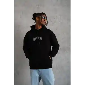 Erkek Kordon İpli Baskılı Kapüşonlu Sweatshirt - Siyah