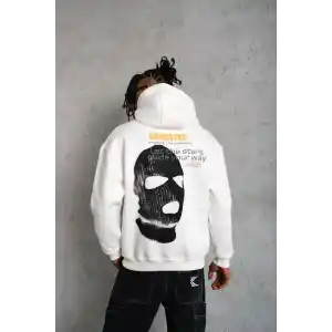Erkek Kordonlu Maske Baskılı Kapüşonlu Sweat - Beyaz