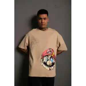 Erkek Mario Baskılı Oversize T-Shirt - Bej