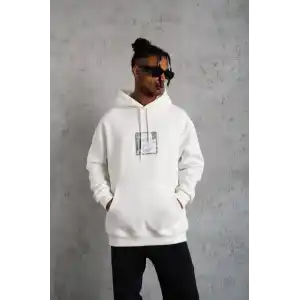 Erkek Ön Arka Baskılı Kapşonlu Sweat - Beyaz
