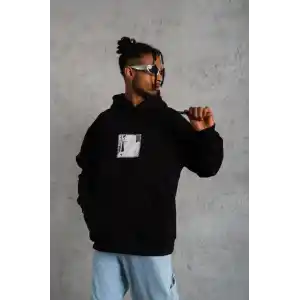 Erkek Ön Arka Baskılı Kapşonlu Sweat - Siyah
