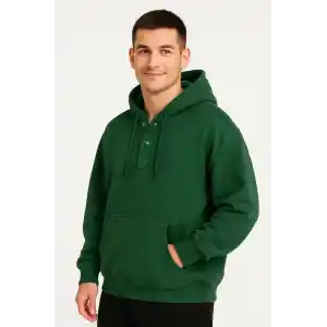 Erkek Ovarsize Kapüşonlu Swetshirt Kanguru Çepli Cıtcıtlı 3 iplik Şardonlu Hoodie - Haki