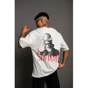 Erkek Oversize Tişört – Beyaz 24/1 Penye Kumaş, Bisiklet Yaka, Ön & Arka Baskılı, Streetwear Tarzı Rahat Büyük Kalıp T-Shirt- Beyaz