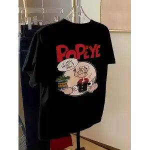 Erkek Oversize Tişörtü  Popeye the Sailor Retro Vintage Ispanak | Hediye olarak idealdir, farklı boyutları mevcuttur. - Siyah