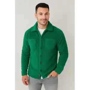 Erkek Pelüş Polar Hırka Gömlek – Yakalı, İlik Düğmeli, Göğüs Cepli, Yumuşak Dokulu Kışlık Regular Fit Rahat Günlük Model - Çimen Yeşili