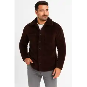 Erkek Pelüş Polar Hırka Gömlek – Yakalı, İlik Düğmeli, Göğüs Cepli, Yumuşak Dokulu Kışlık Regular Fit Rahat Günlük Model - Kahverengi