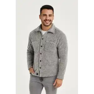 Erkek Pelüş Polar Hırka Gömlek – Yakalı, İlik Düğmeli, Göğüs Cepli, Yumuşak Dokulu Kışlık Regular Fit Rahat Günlük Model - Gri
