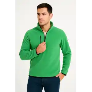 Erkek Polar Kazak – Dik Yaka, Yarım Fermuarlı, Fermuarlı Göğüs Cepli, Siyah Biyeli, Kışlık Rahat Regular Fit Günlük Model - Yeşil