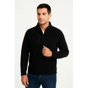 Erkek Polar Kazak – Dik Yaka, Yarım Fermuarlı, Fermuarlı Göğüs Cepli, Siyah Biyeli, Kışlık Rahat Regular Fit Günlük Model - Siyah